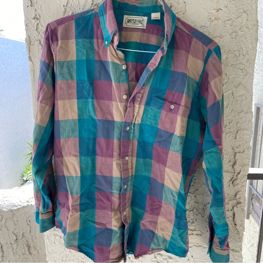 Vintage Boyfriend American Eagle Outfitters Teal, Pink Plaid Button-Down Shirt
